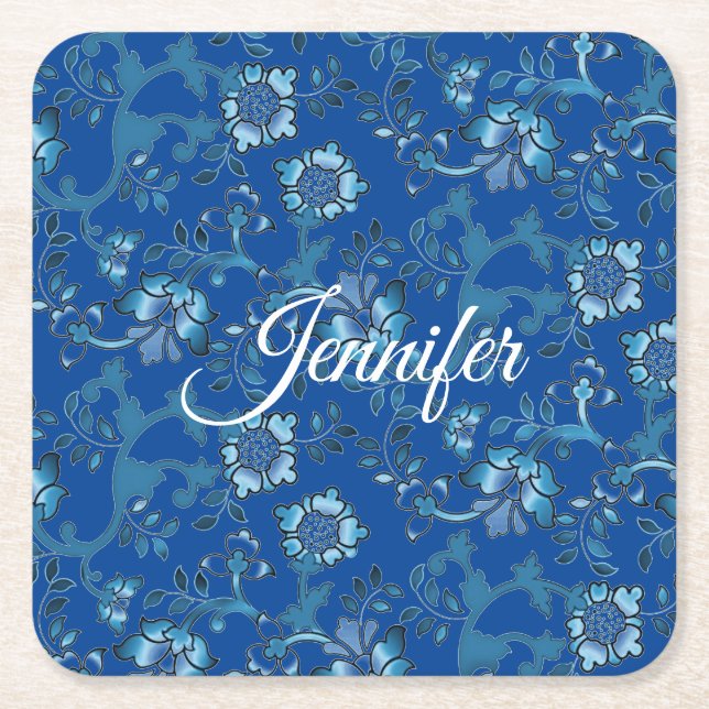 Calligraphy Elegant Blue Floral Custom Name Square Paper Coaster (Front)