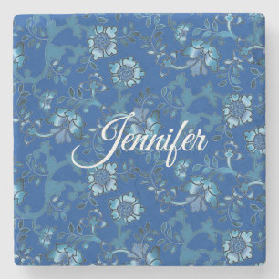Calligraphy Elegant Blue Floral Custom Name Stone Coaster