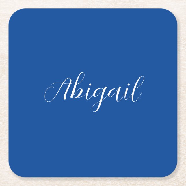 Calligraphy Elegant Blue White Plain Simple Name Square Paper Coaster (Front)