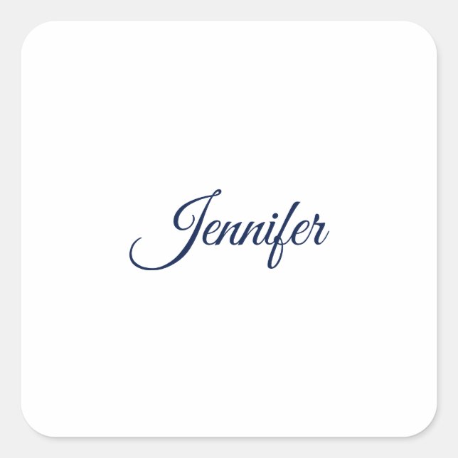 Calligraphy Elegant Blue White Plain Simple Name Square Sticker (Front)
