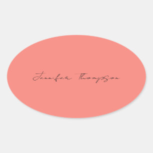 Calligraphy Elegant Coral Pink Plain Simple Name Oval Sticker