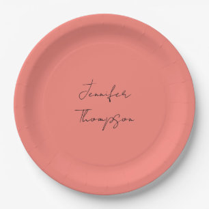 Calligraphy Elegant Coral Pink Plain Simple Name Paper Plate