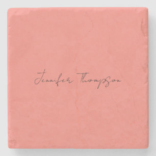 Calligraphy Elegant Coral Pink Plain Simple Name Stone Coaster