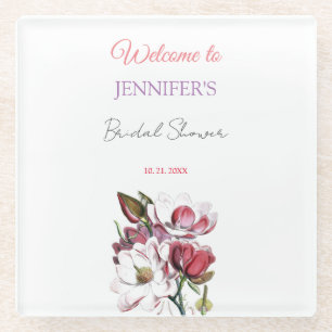 Calligraphy Elegant Floral Welcome Bridal Shower Glass Coaster