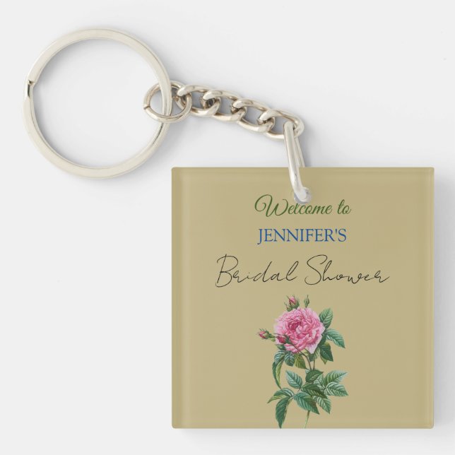 Calligraphy Elegant Floral Welcome Bridal Shower Key Ring (Front)