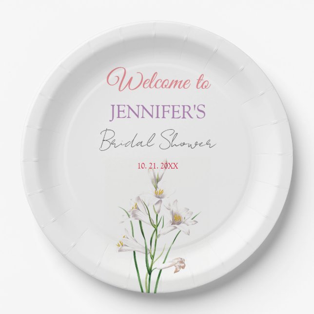 Calligraphy Elegant Floral Welcome Bridal Shower Paper Plate (Front)