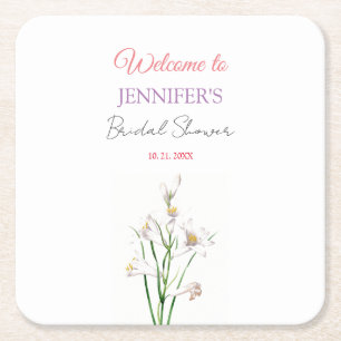 Calligraphy Elegant Floral Welcome Bridal Shower Square Paper Coaster