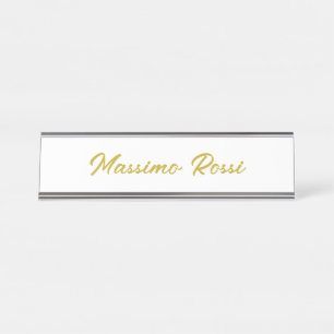 Calligraphy Elegant Gold White Plain Simple Name Desk Name Plate