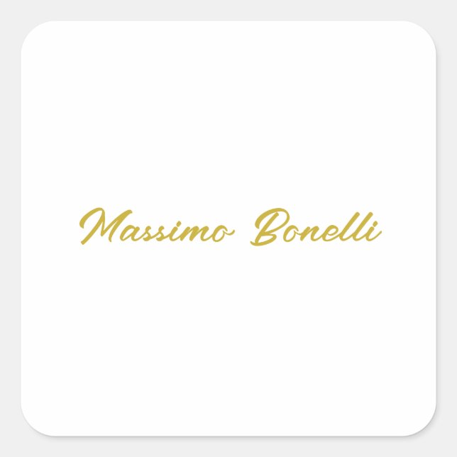 Calligraphy Elegant Gold White Plain Simple Name Square Sticker (Front)
