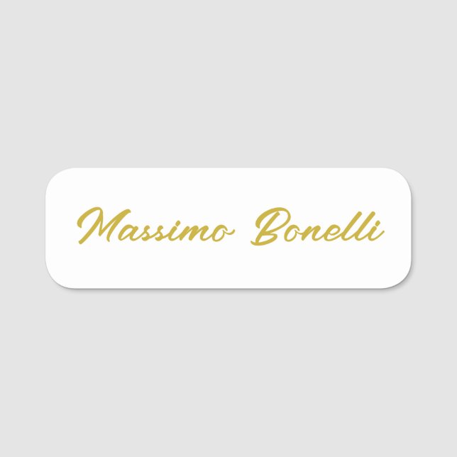 Calligraphy Elegant Gold White Plain Simple Name Tag (Front)