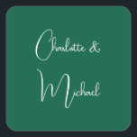 Calligraphy Elegant Green Plain Simple Names Square Sticker<br><div class="desc">Looking for a beautiful calligraphy with an aesthetic handwriting? This simple,  eye-catching design is for you. This product immediately impresses those who see it. The fine and tasteful design will immediately reflect the quality of your relationship and family.</div>