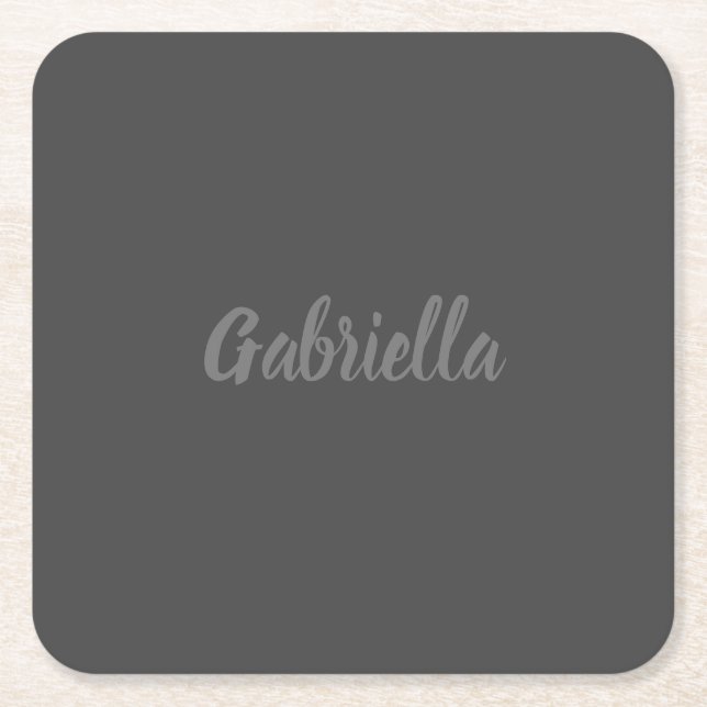 Calligraphy Elegant Grey Plain Simple Name Square Paper Coaster (Front)