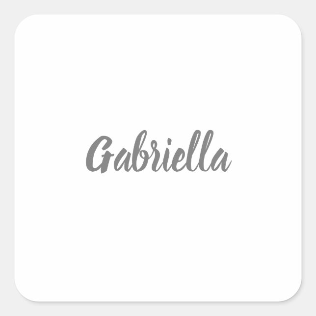 Calligraphy Elegant Grey White Plain Simple Name Square Sticker (Front)