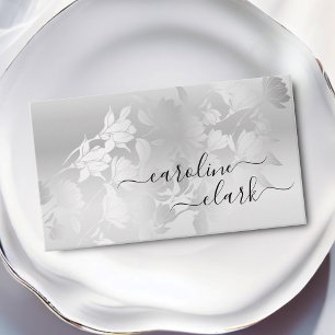 Calligraphy Elegant Modern Silver Grey Flowers Business Card