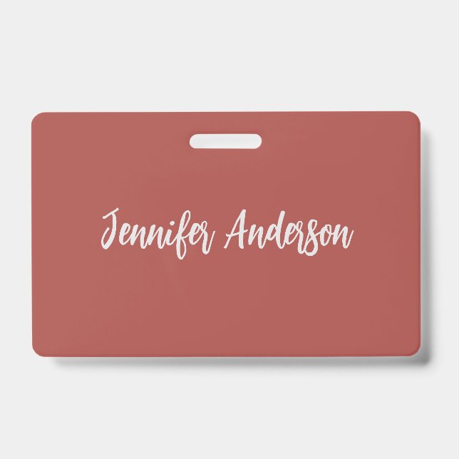 Calligraphy Elegant Personalised Brick Red ID Badge (Front)