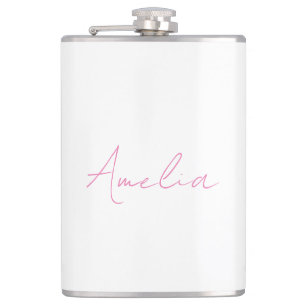 Calligraphy Elegant Pink White Custom Name Hip Flask
