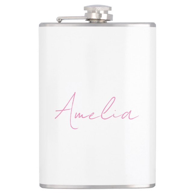 Calligraphy Elegant Pink White Custom Name Hip Flask (Front)
