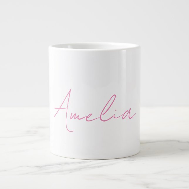 Calligraphy Elegant Pink White Custom Name Large Coffee Mug (Front)