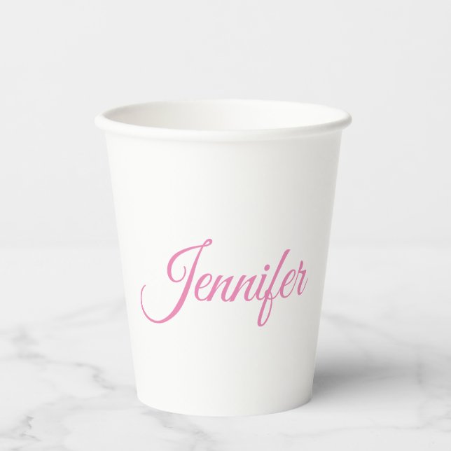 Calligraphy Elegant Pink White Custom Name Paper Cups (Front)