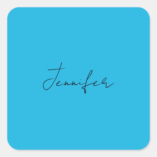 Calligraphy Elegant Plain Simple Name Blue Square Sticker (Front)