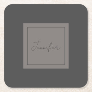 Calligraphy Elegant Plain Simple Name Grey Square Paper Coaster