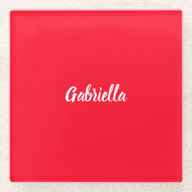 Calligraphy Elegant Red White Plain Simple Name Glass Coaster (Front)