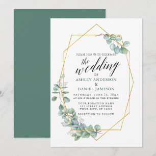 Calligraphy Eucalyptus Greenery Gold Frame Wedding Invitation