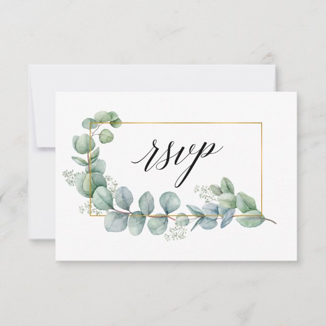 Calligraphy Eucalyptus Greenery Gold Frame Wedding RSVP Card (Front)