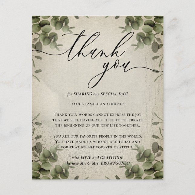 Calligraphy Eucalyptus Retro budget Thank you Flyer (Front)