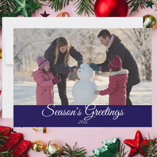 Calligraphy Family Photo Royal Blue Personalise Holiday Card