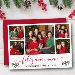 Calligraphy Feliz Ano Nuevo 5 Photo Red Holly Holiday Card<br><div class="desc">Modern Calligraphy Script 5 Photo Family Photo Collage Feliz Ano Nuevo Happy New Year Card includes Watercolor Christmas Holly Berries - Red Script</div>