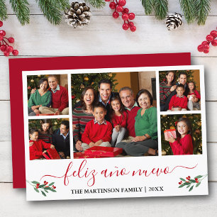 Calligraphy Feliz Ano Nuevo 5 Photo Red Holly Holiday Card