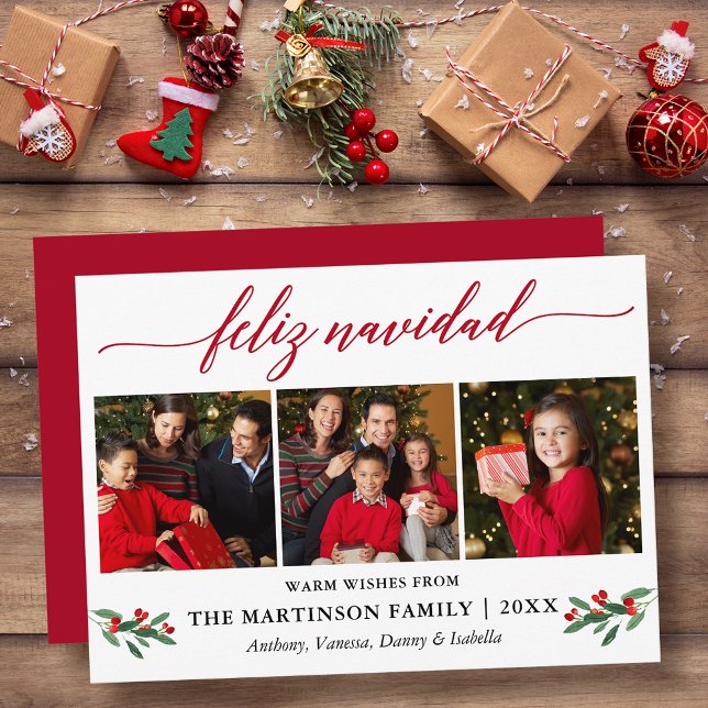 Calligraphy Feliz Navidad Red Holly 3 Photo Holiday Card (Customize to add text to back of card.)
