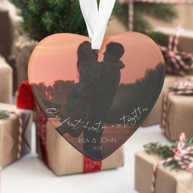Calligraphy First Christmas Married Photo Ornament (Creator Uploaded)