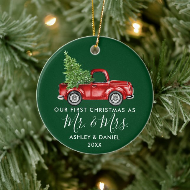 Calligraphy First Christmas Mr. Mrs. Truck Green Ceramic Tree Decoration (Tree)