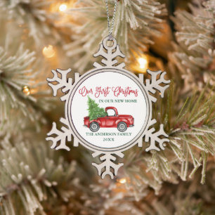 Calligraphy First Christmas New Home Red Truck Snowflake Pewter Christmas Ornament