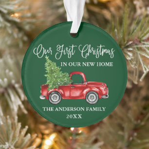 Calligraphy First Christmas New Home Truck Green Ornament