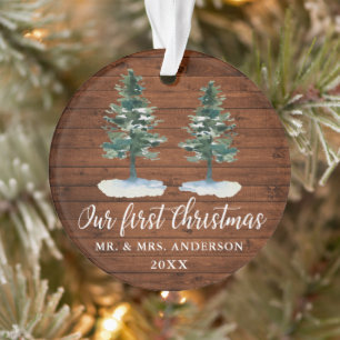 Calligraphy First Christmas Rustic Wood Two Pines Ornament
