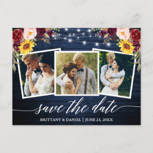 Calligraphy Floral Blue Wood Save The Date Postcard