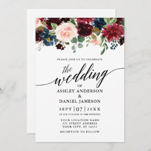 Calligraphy Floral Burgundy Blue Photo Wedding Invitation