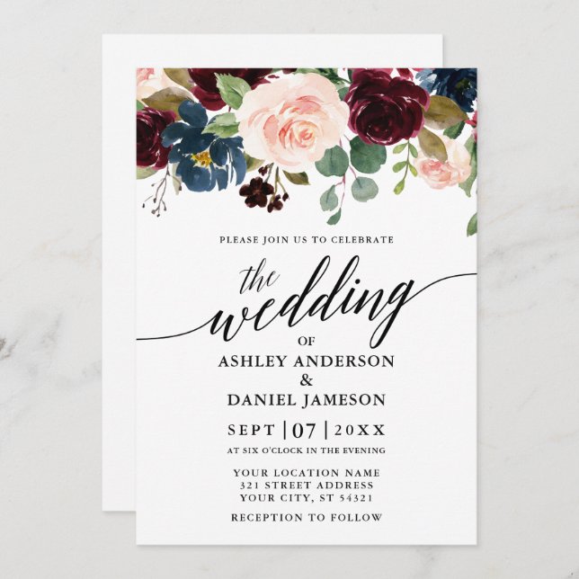 Calligraphy Floral Burgundy Pink Photo Wedding Invitation (Front/Back)