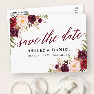 Calligraphy Floral Burgundy Save The Date Postcard