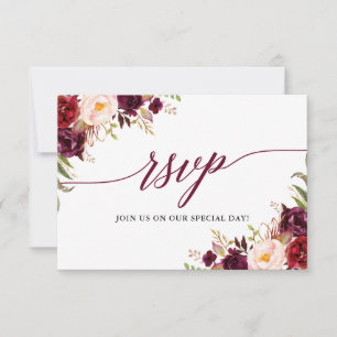 Calligraphy Floral Burgundy Wedding RSVP Meal Card