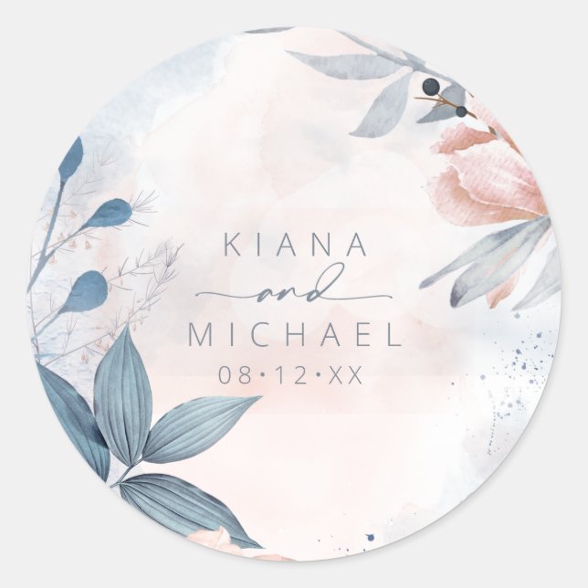 Calligraphy Floral Wedding Blue ID771 Classic Round Sticker (Front)