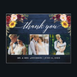Calligraphy Floral Wedding Blue Wood Thank You Postcard<br><div class="desc">Modern Calligraphy,  Elegant Watercolor Burgundy Marsala Floral,  Wedding 3 Photo Thank You Postcard includes burgundy roses,  red roses,  pink roses,  sunflowers and greenery. Rustic Blue Wood.</div>