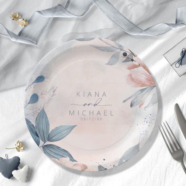 Calligraphy Floral Wedding Dusty Blue ID771 Paper Plate (Creator Uploaded)
