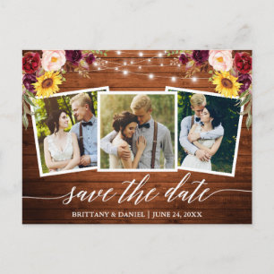 Calligraphy Floral Wood Burgundy Save The Date Postcard