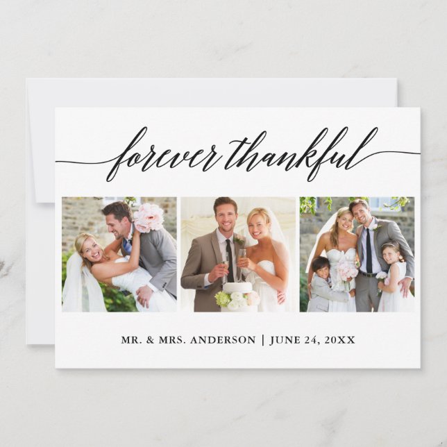 Calligraphy Forever Thankful Wedding 3 Photo Thank You Card (Front)