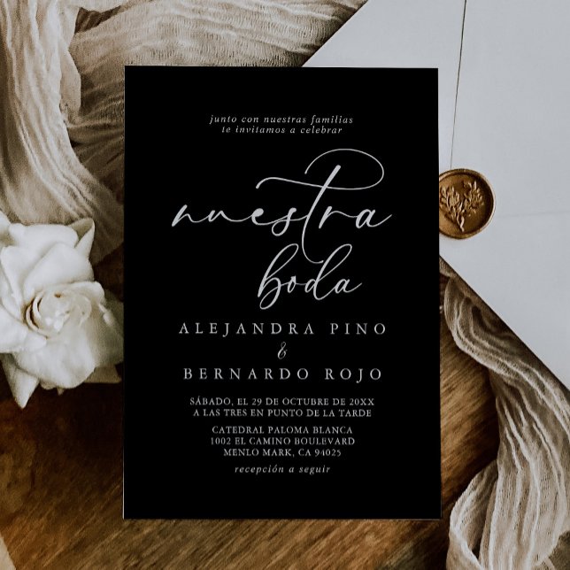 Calligraphy Formal Black and White Nuestra Boda  Invitation (Creator Uploaded)