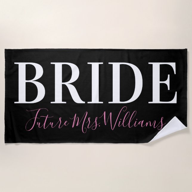 Calligraphy Future Mrs. Name Bride Pink Black Beach Towel (Front)